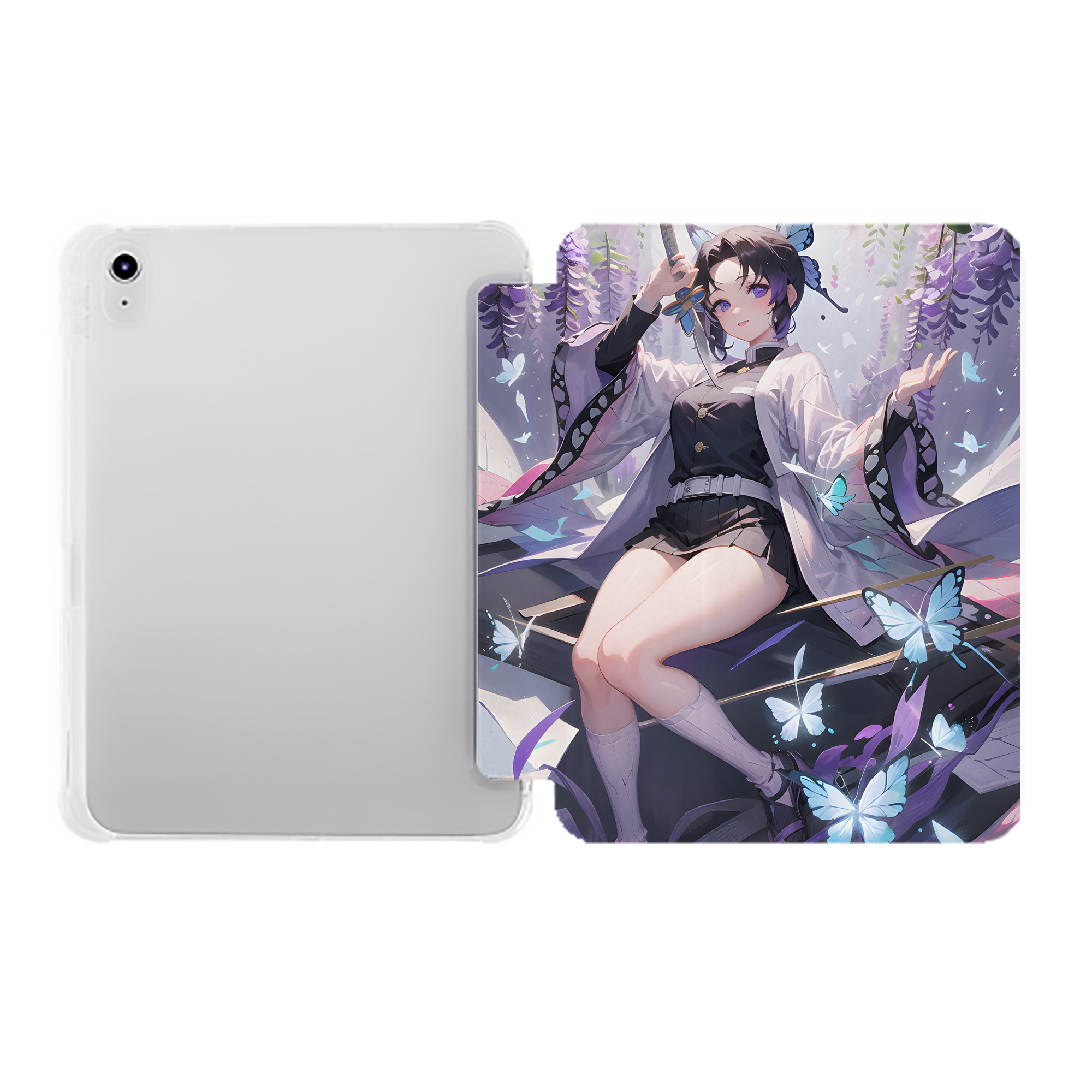 （画像用） 鬼滅の刃（きめつのやいば）蟲柱-胡蝶 しのぶ／こちょう しのぶ Kochou Shinobu IPad ケース ペン収納付き 三つ折りスタンド PUレザー×シリコン 対応機種9.5/10.5/10.9インチ